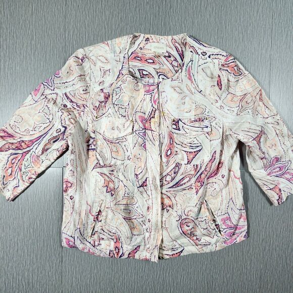 Chico's Size 2 Pink Floral Paisley Full Zip 100% Linen Crop Lightweight Jacket - Picture 1 of 11
